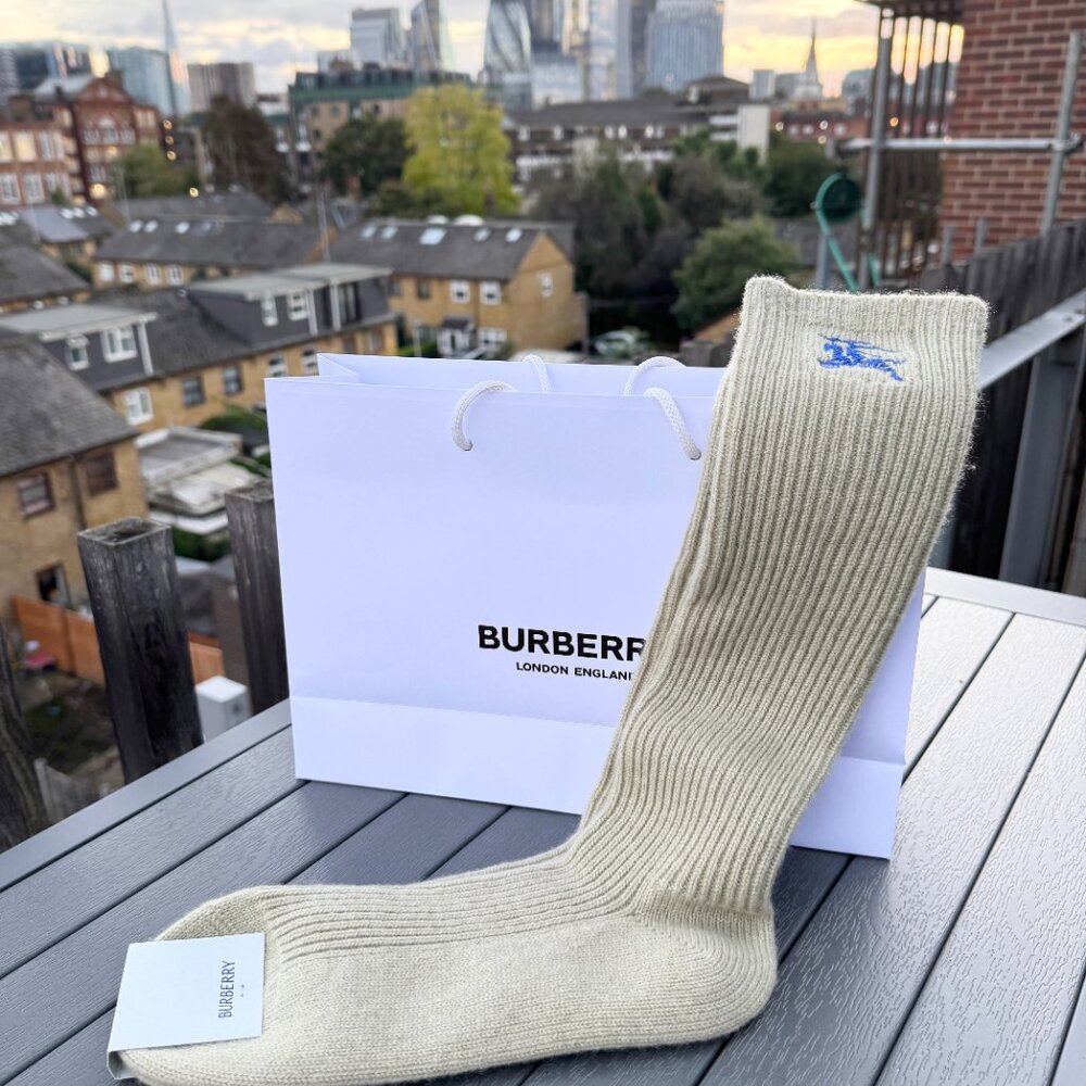 Brand New BURBERRY CASHMERE Embroidered Logo Ribbed Socks Beige Cream S 6-8 $155